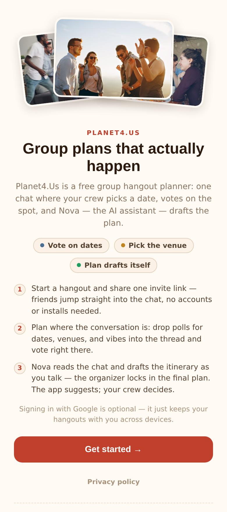 The Planet4.Us landing page on a phone: Group plans that actually happen, with a Get started button